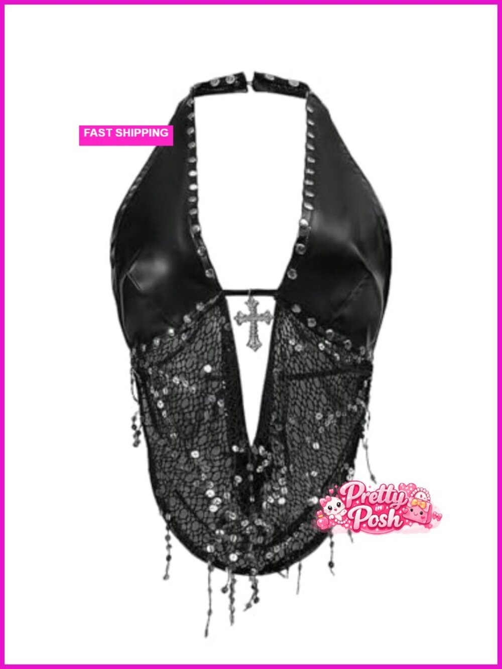 PU Leather Sparkly Halter Crop Top Sequin Backless Streetwear
